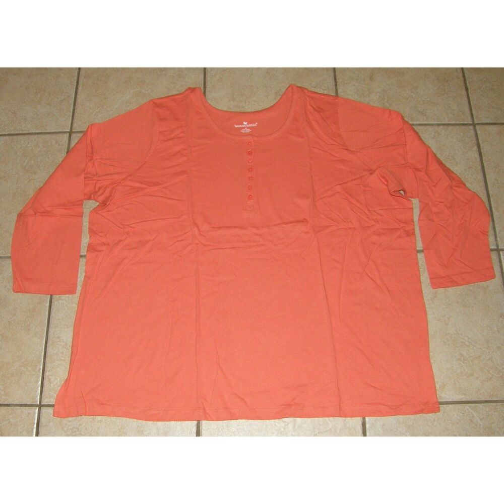 WOMAN WITHIN Pumpkin Orange Plus Sz 30/32 Long Sleeve Cotton Henley Shirt NEW